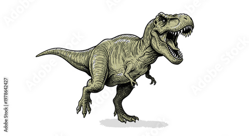 Vintage hand drawn Tyrannosaurus rex vector illustration, roaring dinosaur sketch in green and beige, detailed prehistoric animal line art for logo, t-shirt, poster design
