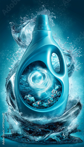 Turquoise blue washing machine detergent bottle in crystal clear water motion swirl with bubbles and copy space.