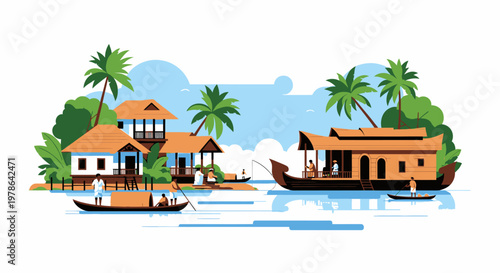 Tropical island resort vector illustration, overwater bungalow villas with palm trees and boats on blue lagoon. Summer beach holiday travel graphic, flat design coastal landscape