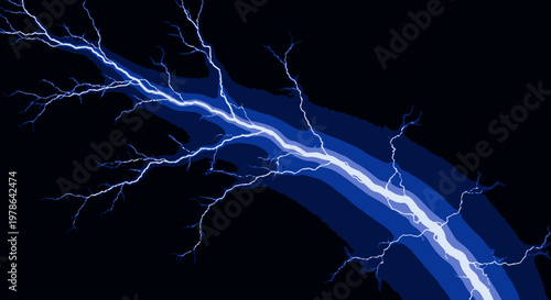 Electric lightning bolt vector on dark background, glowing blue thunder and energy beam illustration with branching sparks, dramatic storm power concept for posters, banners and UI