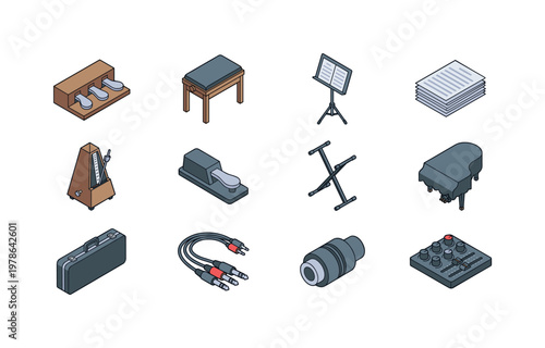 Piano pedals set, piano bench stool, sheet music stand, music sheets stack, metronome device, sustain pedal, keyboard stand, piano