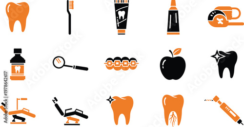 Set of flat dentistry icons including a toothbrush, toothpaste, braces, and dental chairs