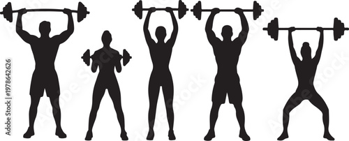 Gym workout vector silhouettes set, men and women lifting weights, exercising with dumbbells and barbells, training, fitness, bodybuilding. Silhouette  vector illustration with out background.