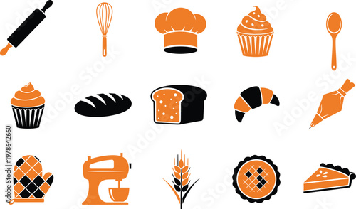 Collection of orange and black bakery icons including tools, bread, and pastries on white background