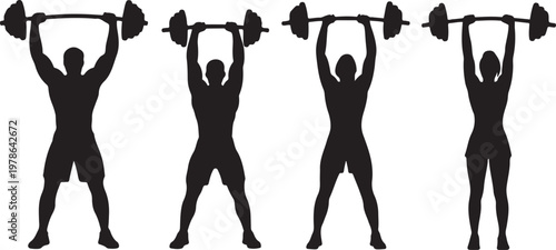 Gym workout vector silhouettes set, men and women lifting weights, exercising with dumbbells and barbells, training, fitness, bodybuilding. Silhouette  vector illustration with out background.