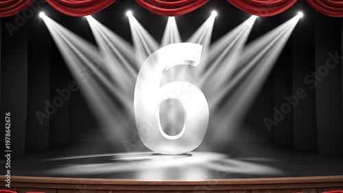 Dramatic Theater Curtain Reveal of Number 6 with Spotlight