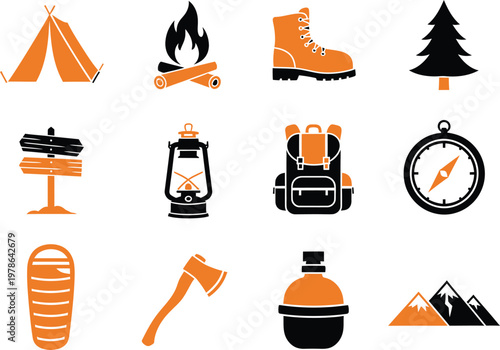Collection of camping icons including a tent campfire hiking boot backpack and mountain range