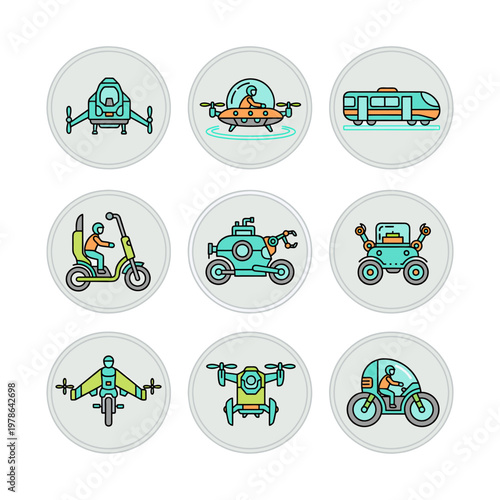 Futuristic Vehicles Icons Collection A Set of Modern Transportation and Automated Machines for Digital Design