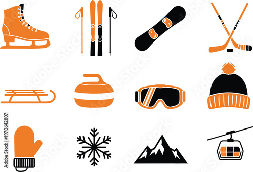 Collection of winter sports equipment and seasonal activity icons in orange and black