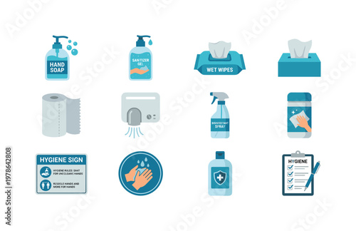 Hand hygiene and sanitation with hand soap dispenser, sanitizer gel, wet wipes, tissue box, paper towel, hand dryer, disinfectant
