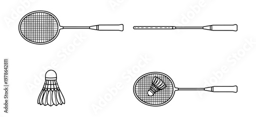 Doodle line art illustration of badminton racket equipment, representing sports gear, recreational activity, and fitness-related design concepts.