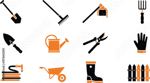 Collection of twelve vector garden tool icons in black and orange colors on a white background