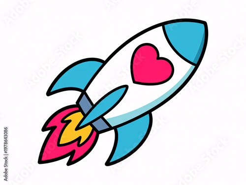 A cartoon rocket ship with a heart on it flies through the air with flames coming out of the back