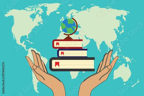 Educational illustration celebrating reading, copyright, and global knowledge sharing.