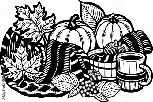 A black and white illustration of a fall-themed still life with pumpkins, leaves, and a mug of coffee.