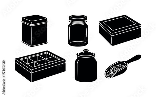 Tea storage containers including tea tin box, glass jar with lid, wooden tea box compartments, ceramic tea canister, scoop with
