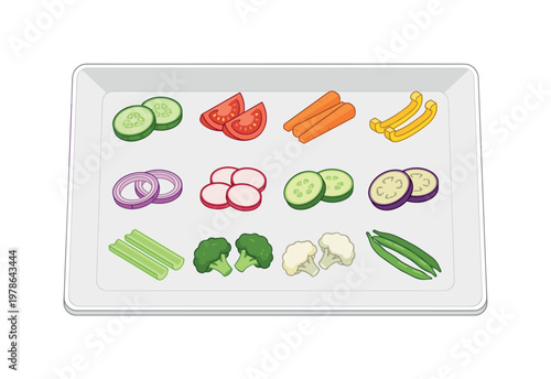 Assortment of fresh cut vegetables arranged on a white tray for a healthy snack