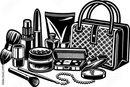A black and white illustration of various makeup products and accessories arranged with a handbag