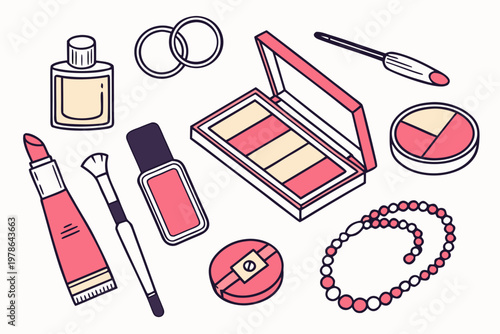 A colorful illustration of various makeup products and accessories arranged on a white background