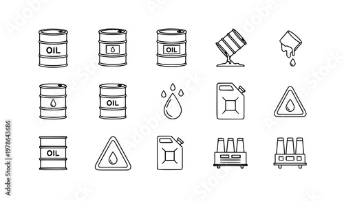 Oil barrel and droplet line icons set fuel industry petroleum drum outline vector collection isolated on white background