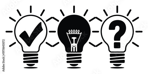Three lightbulbs: one with a checkmark, one with a filament, and one with a question mark
