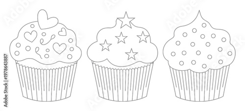 Three Outline Cupcakes with Decorative Toppings: Hearts, Stars, and Dots