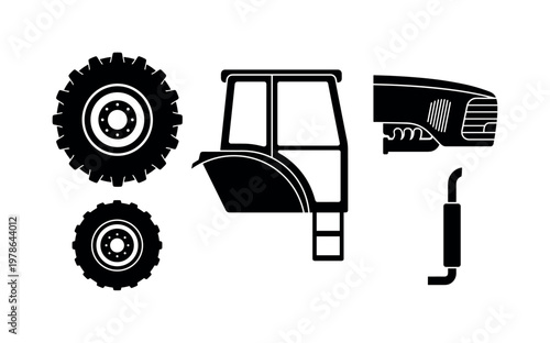 Tractor parts including large rear wheel, front small wheel, tractor cab structure, engine hood section, exhaust pipe vertical,