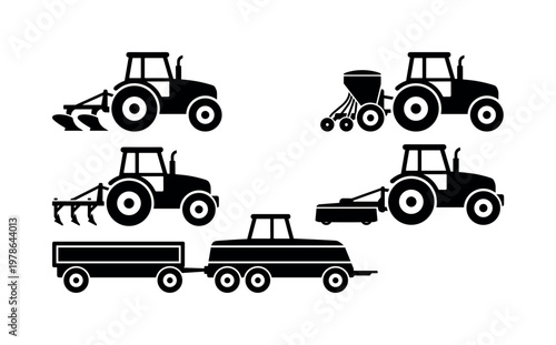 Tractor attachments including plow attachment, seed drill attachment, cultivator attachment, mower attachment, trailer hitch