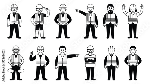 Construction worker stick figure icon set with hard hats and safety vests, ideal for workplace safety signage, training materials, and industrial themed vector illustration projects.