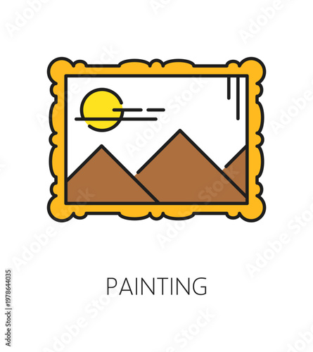 Museum art gallery and exhibition color line icon of painting picture, vector pictogram. Museum antique exhibit or artist culture and art gallery icon of ancient painting artwork masterpiece