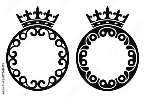 Two ornate circular frames with crowns, black and white