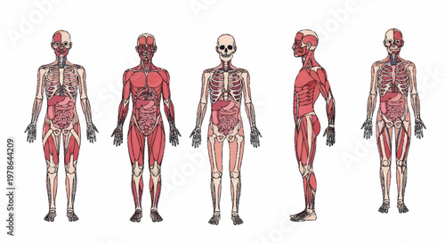 Anatomical illustration of human muscular and skeletal systems from multiple views.