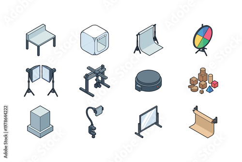 Product photo setup table, lightbox shooting tent, seamless backdrop stand, reflector panel board, softbox lighting pair, overhead