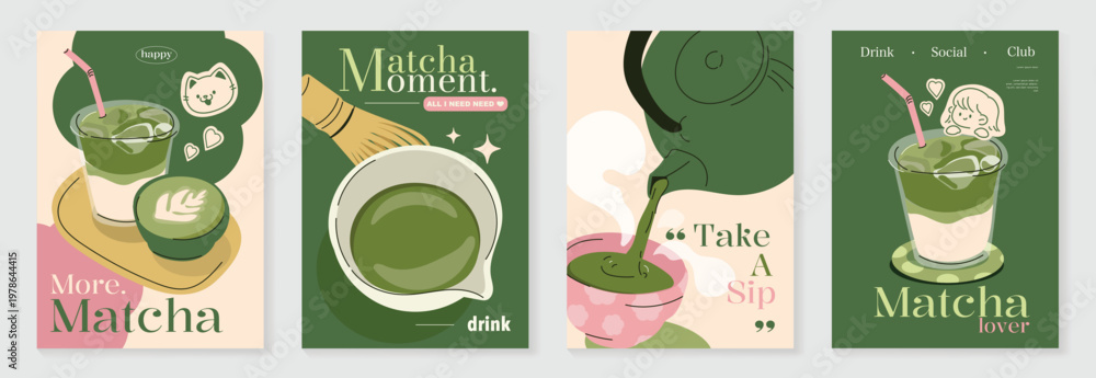 Fototapeta premium Matcha poster vector set with green tea cup, whisk, teapot and iced drink in retro pastel design. Suitable for cafe menu, wall art, beverage promotion and packaging.