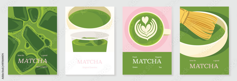 Obraz premium Matcha poster vector set with green tea cup, whisk, teapot and iced drink in retro pastel design. Suitable for cafe menu, wall art, beverage promotion and packaging.