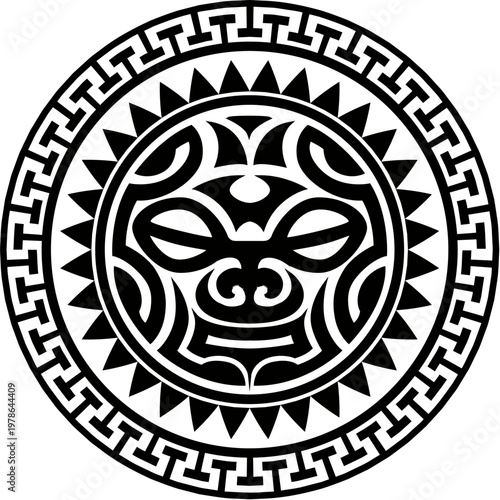 Maori sun face medallion tribe graphic tattoo or symbol. New Zealand tribe graphic print, Samoan warrior abstract tattoo. Maori ethnic black decoration