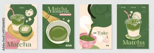 Matcha poster vector set with green tea cup, whisk, teapot and iced drink in retro pastel design. Suitable for cafe menu, wall art, beverage promotion and packaging.
