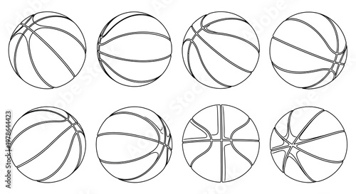 Line art illustration of multiple basketballs in varying perspectives