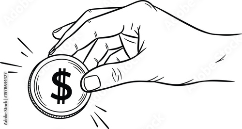 Human Hand Holding a Shiny Dollar Coin Line Art Illustration Representing Financial Success Investment Wealth and Currency Savings Concept Isolated on White Background