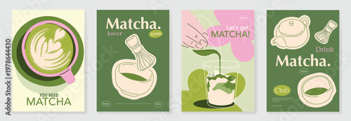 Matcha poster vector set with green tea cup, whisk, teapot and iced drink in retro pastel design. Suitable for cafe menu, wall art, beverage promotion and packaging.