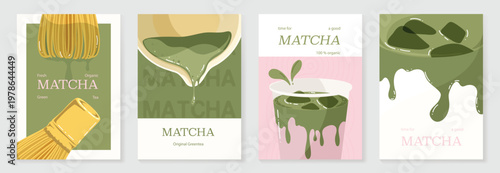 Matcha poster vector set with green tea cup, whisk, teapot and iced drink in retro pastel design. Suitable for cafe menu, wall art, beverage promotion and packaging.