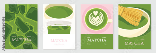 Matcha poster vector set with green tea cup, whisk, teapot and iced drink in retro pastel design. Suitable for cafe menu, wall art, beverage promotion and packaging.