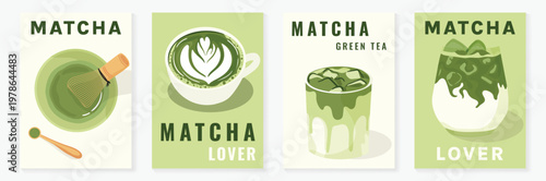 Matcha poster vector set with green tea cup, whisk, teapot and iced drink in retro pastel design. Suitable for cafe menu, wall art, beverage promotion and packaging.