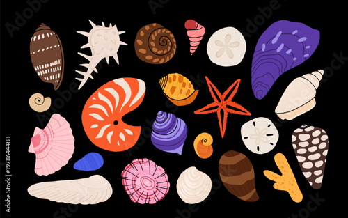 Seashells and sea creatures collection illustration set, starfish, nautilus, crab, coral, urchin, dark background ocean nature