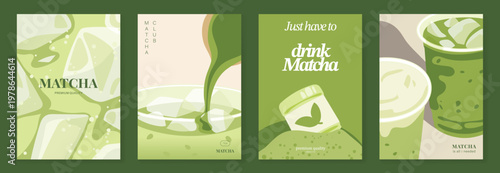 Matcha drink poster vector set with iced green tea, creamy soft serve topping and pastel cafe design. Suitable for beverage menu, wall art, cafe promotion and packaging.