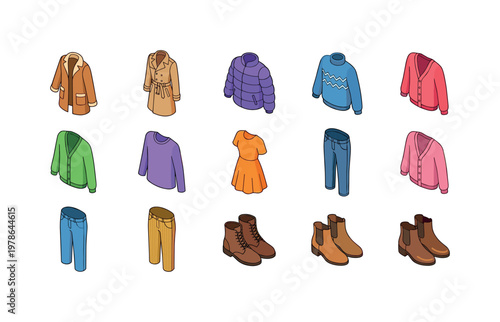 Warm coat, trench coat, puffer jacket, wool sweater, cardigan sweater, long sleeve shirt, autumn dress, denim jeans, corduroy