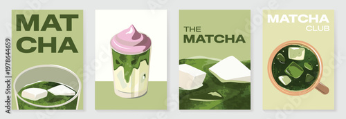 Matcha drink poster vector set with iced green tea, creamy soft serve topping and pastel cafe design. Suitable for beverage menu, wall art, cafe promotion and packaging.