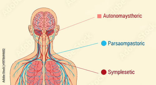 Human Nervous System Anatomy Diagram Showing Autonomic Pathways.
