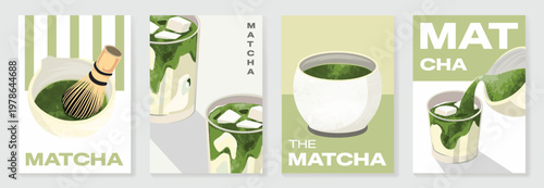 Matcha poster vector set with green tea cup, whisk, teapot and iced drink in retro pastel design. Suitable for cafe menu, wall art, beverage promotion and packaging.