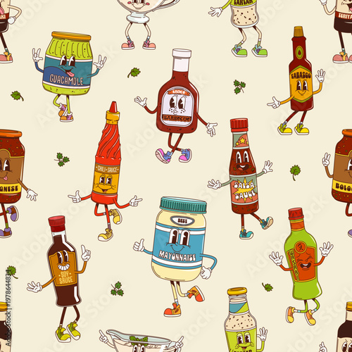 Groovy sauce characters seamless pattern. Textile seamless background or fabric retro vector pattern with guacamole, barbeque, tabasco, wasabi and mayonnaise, soy, tartar sauce bottle groovy personage